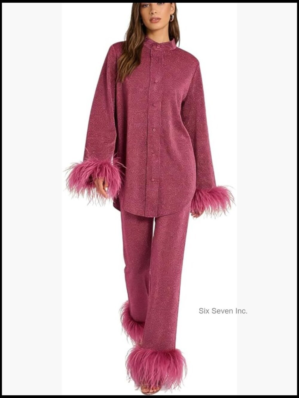 2 Piece Lounge Set Women Shiny Blouse with Feather Cuff and Matching Pants Sexy